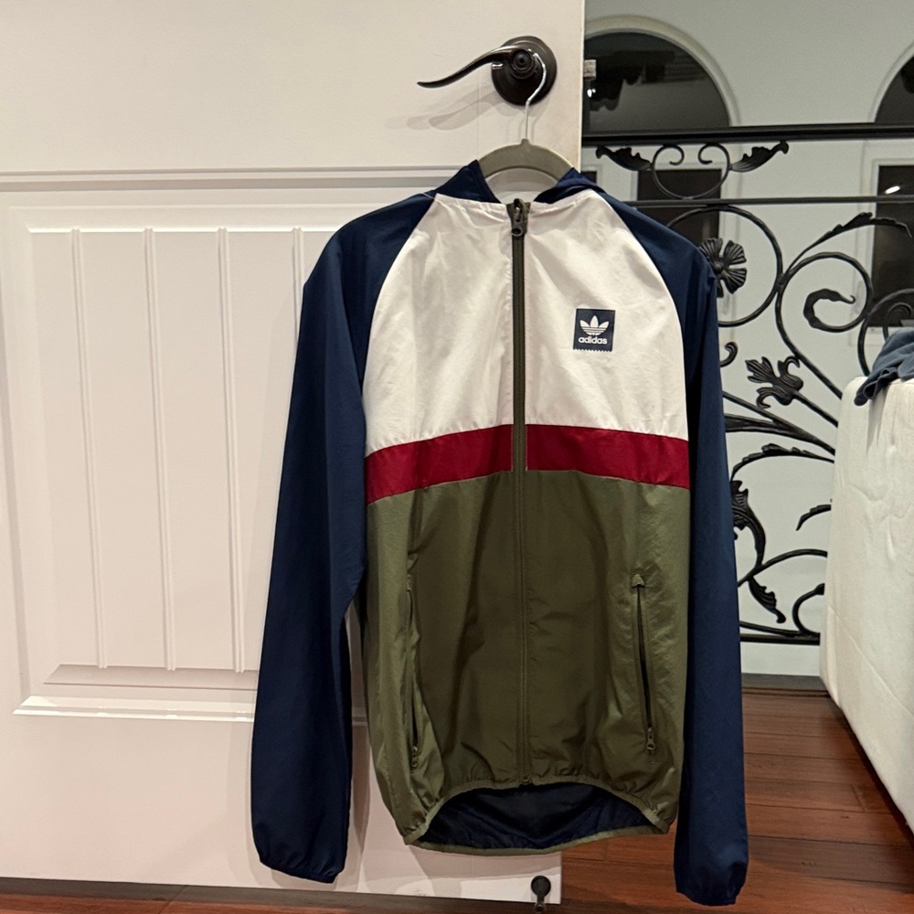 Adidas Men's Navy, White, Olive, and Red Windbreaker